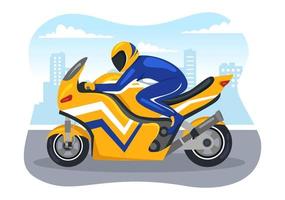 campeonato de corrida de motocicleta na ilustração da pista de corrida com motor de pilotagem para a página inicial em modelos desenhados à mão de desenhos animados planos vetor