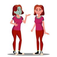 menina adolescente doente com rosto verde, antes e depois do vetor. ilustração isolada dos desenhos animados vetor