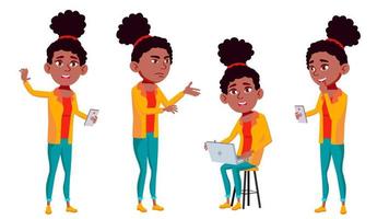 menina adolescente posa vetor definido. Preto. Afro-Americano. ativo, expressão. para apresentação, impressão, design de convite. ilustração isolada dos desenhos animados