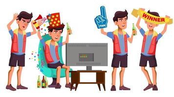 vetor de conjunto de fãs de esporte de menino adolescente asiático. divirta-se. assistindo jogo de esporte. concorrência. Cerveja. vida. para apresentação, convite, design de cartão. ilustração isolada dos desenhos animados