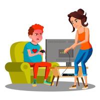 mãe zangada cortando o fio do filho usando vetor de videogame. ilustração isolada