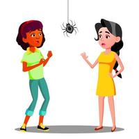 meninas adolescentes assustadas com aranha no vetor de parede. ilustração isolada