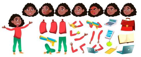 vetor de criança menina colegial. Preto. Afro-Americano. criança do ensino médio. conjunto de criação de animação. enfrentar emoções, gestos. Educação secundária. palestra. para web, brochura, ilustração de pôster