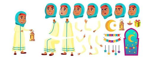 árabe, vetor de criança de menina muçulmana. criança da escola primária. conjunto de criação de animação. comemorando o ramadã kareem. gestos. para propaganda, saudação, design de anúncio. animado. ilustração isolada