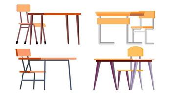 vetor de conjunto de mesa de escola. aglomerado, chir. móveis clássicos de madeira e metal vazios. ilustração isolada dos desenhos animados