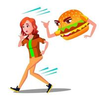 menina adolescente assustada fugindo do vetor de hambúrguer. ilustração isolada dos desenhos animados