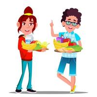 comida saudável, menino feliz e menina com vetor de frutas. ilustração isolada dos desenhos animados