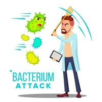 médico refletindo vetor de ataque de bactéria. ilustração isolada dos desenhos animados