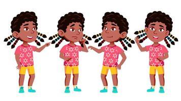 garoto do jardim de infância menina poses conjunto de vetores. Preto. Afro-Americano. criança em idade pré-escolar ativa e alegre brincando. para apresentação, impressão, design de convite. ilustração isolada dos desenhos animados vetor