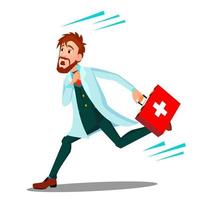 ambulância, correndo médico homem com vetor de caixa de primeiros socorros. ilustração isolada dos desenhos animados