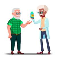 farmacêutico dando os comprimidos ao vetor do cliente da farmácia. ilustração isolada dos desenhos animados