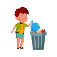 menino jogando lixo na lata de lixo vetor