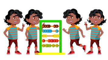preto, garoto afro-americano do jardim de infância posa vetor definido. crianças pequenas. gozo de felicidade. para web, brochura, design de cartaz. ilustração isolada dos desenhos animados