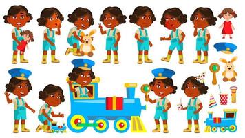 a criança indiana do jardim de infância posa vetor definido. hindu. brincando com trem ferroviário. expressão infantil. atividade. para banner, flyer, web design. ilustração isolada dos desenhos animados