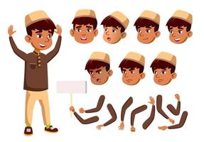 árabe, menino muçulmano, criança, garoto, vetor adolescente. adolescente, educação. enfrentar emoções, vários gestos. conjunto de criação de animação. ilustração de personagem de desenho animado plana isolada