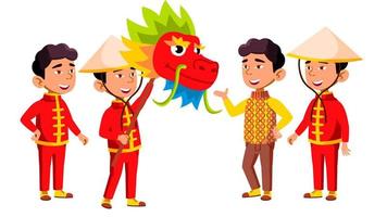 as poses da criança do jardim de infância do menino asiático definem o vetor. festival, dragão. crianças pequenas. gozo de felicidade. para web, brochura, design de cartaz. ilustração isolada dos desenhos animados vetor