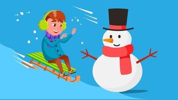 garoto garoto rolando ladeira abaixo em um trenó e bate no vetor de boneco de neve. ilustração isolada
