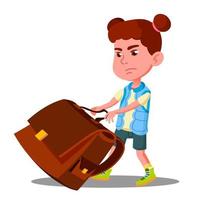 menina criança com esforço arrastando no chão um vetor de mochila escolar pesada. ilustração isolada
