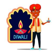 menino de criança indiana em turbante com vetor de banner diwali. ilustração isolada