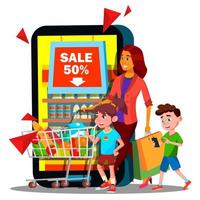 vetor de compras online. mãe com filhos, gráfico de compras na loja online móvel. ilustração