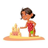 menina construindo castelo de areia na praia vetor à beira-mar