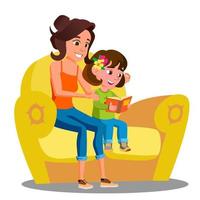 menina e mãe lê um livro sobre o vetor do sofá. ilustração isolada