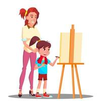 mãe e filha pintando no vetor de cavalete. ilustração isolada