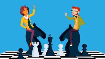 vetor de competição. empresário e mulher de negócios montando cavalos de xadrez preto e branco para se conhecerem. ilustração