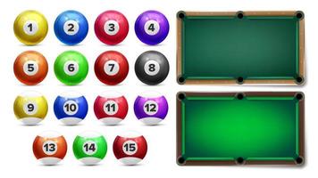 bolas de bilhar com números e conjunto de mesa vetor