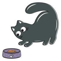 gato bonito com uma tigela de comida, ilustração vetorial colorida no estilo doodle vetor