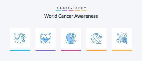 pacote de ícones azul 5 de conscientização mundial sobre o câncer, incluindo câncer. consciência. doença cerebral. fita. Câncer. design de ícones criativos vetor