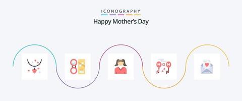 feliz dia das mães flat 5 icon pack incluindo amor. mosca. pó. Ame. balões vetor