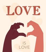 casal multirracial de homem lgbt apaixonado fazendo um coração com as mãos. banner de vetor com inscrição amor é amor.