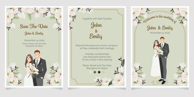 lindo jovem casal de noivos em tema verde na coleção de modelo de cartão de convite de casamento buquê de flor de magnólia branca aquarela vetor