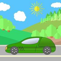 carro esporte verde em uma estrada em um dia ensolarado. ilustração de viagens de verão. carro sobre a paisagem. vetor