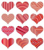 conjunto de corações vermelhos diferentes. doze corações isolados no fundo branco. símbolo do amor. elementos para modelo de casamento. vetor
