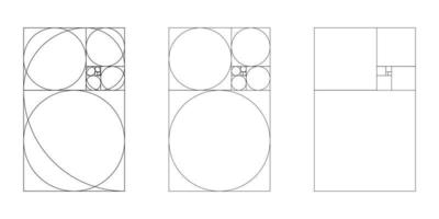 conjunto de modelo de proporção áurea. método seção áurea. matriz de fibonacci, números. proporções de harmonia. ilustração de contorno.