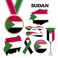 coleção de elementos com o modelo de design da bandeira do sudão. bandeira do sudão, fitas, medalha, mapa, textura grunge e botão vetor