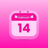 design de calendário de dia dos namorados em forma de coração em 14 de fevereiro, vetor de calendário de lembrete de data