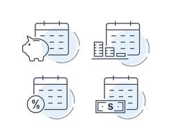 ícone de linha de calendário financeiro, conceito de renda anual, conta de poupança cofrinho, retorno de dinheiro, alocação de ativos, fundo de pensão de investimento de longo prazo, símbolo de estrutura de tópicos de pagamento mensal vetor