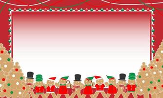 homem-biscoito e decorações de biscoitos de árvore de natal em um fundo de borda de moldura vermelha. design de banner de pôster de natal para o dia de ano novo, natal, feriado de inverno, culinária, comida. lindo natal vetor
