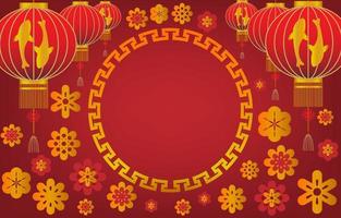 quadro de círculo chinês decorado com flores e lanternas. elementos asiáticos conceito de fundo de cor dourada e vermelha. para cartão de convite de casamento, feliz ano novo, aniversário, dia dos namorados, cartões comemorativos. vetor