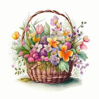 linda cesta de aquarela com flores da primavera vetor