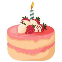 casamento decorado festivo ou bolo rosa de aniversário com morangos e uma vela. vetor