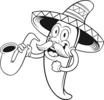 Pimenta malagueta mexicana cinco de maio tocando ilustrações vetoriais de mascote de trompete para seu logotipo de trabalho, camiseta de mercadoria de mascote, adesivos e designs de etiquetas, pôster, cartões comemorativos de publicidade vetor