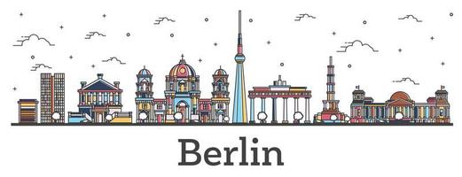 delineie o horizonte da cidade de berlim alemanha com edifícios coloridos isolados em branco. vetor