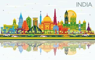 horizonte da cidade da índia com edifícios coloridos, céu azul e reflexões. vetor