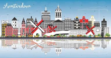 Amsterdã, Holanda, horizonte da cidade com edifícios coloridos, céu azul e reflexões. vetor