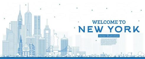 contorno bem-vindo ao horizonte de nova york eua com edifícios azuis. vetor