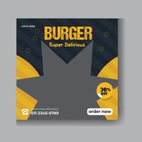 post de mídia social delicioso hambúrguer para promoção de alimentos e modelo de banner da web vetor